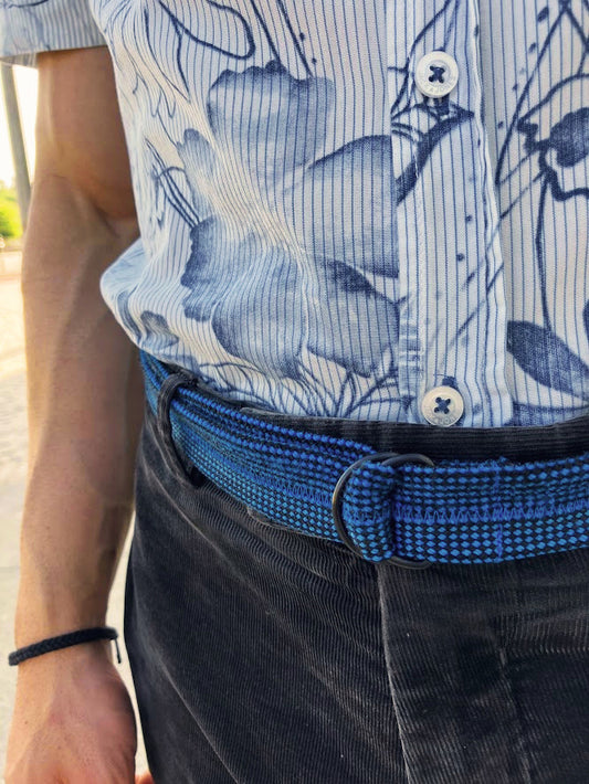 Recycled Rope Belt with D-Ring Buckle - Blue and Black