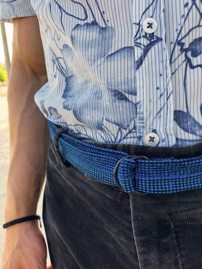 Recycled Rope Belt with D-Ring Buckle - Blue and Black